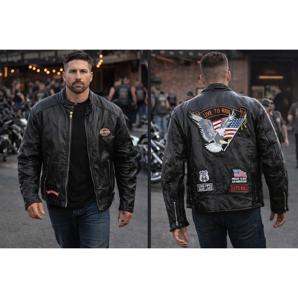 VTG Diamond Plate Buffalo Leather "Live to Ride" Patch Biker Motorcycle Jack 3XL